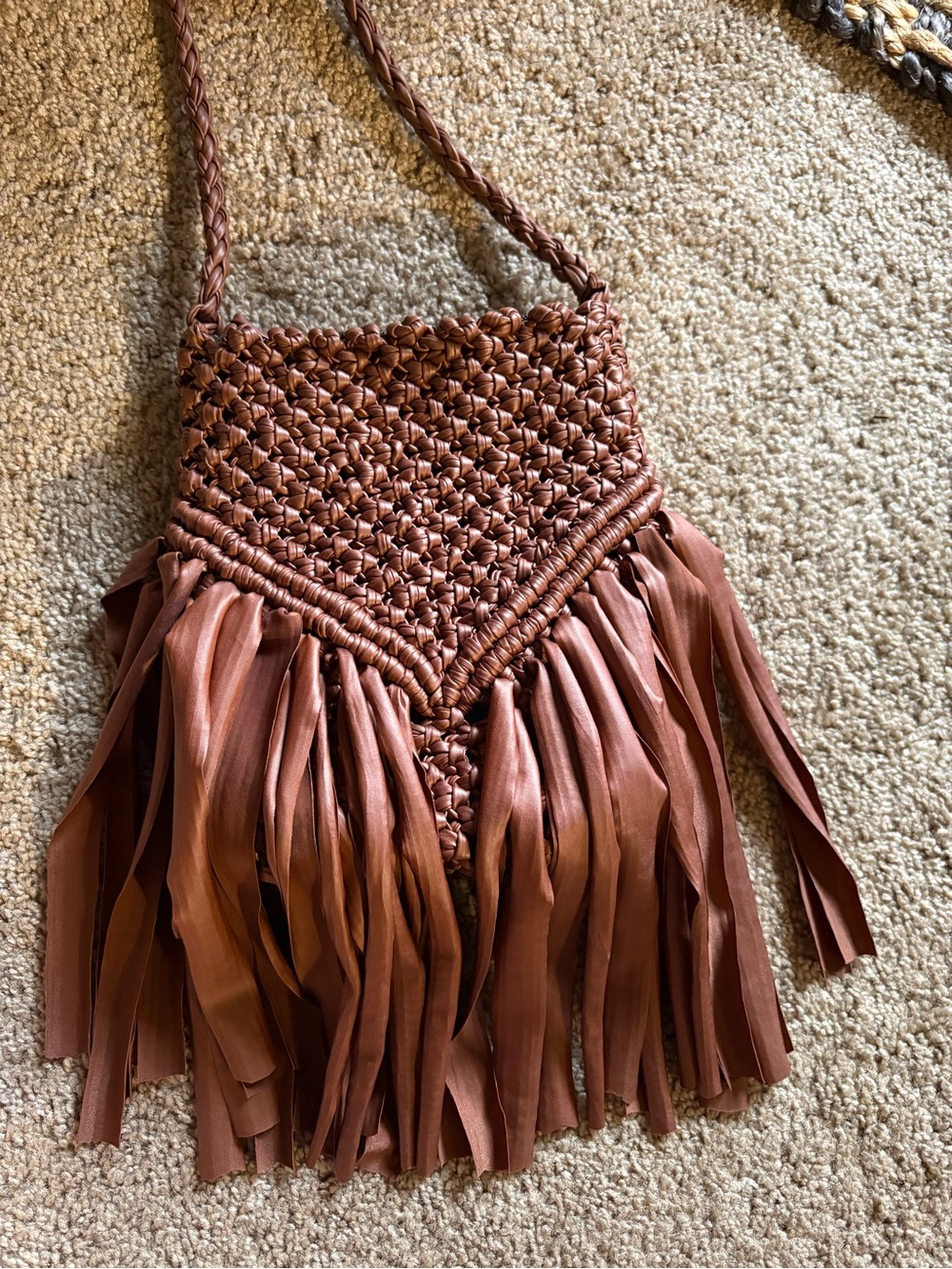 Brown Braided Fringe Crossbody Bag
